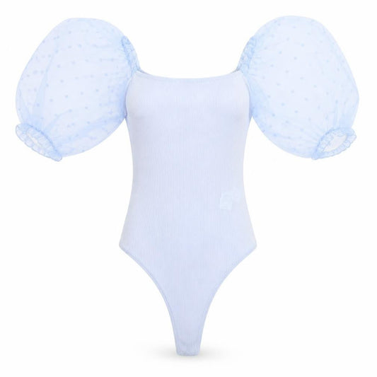 Front view of PRETTYLITTLETHING women’s blue bodysuit one-piece, size UK 6