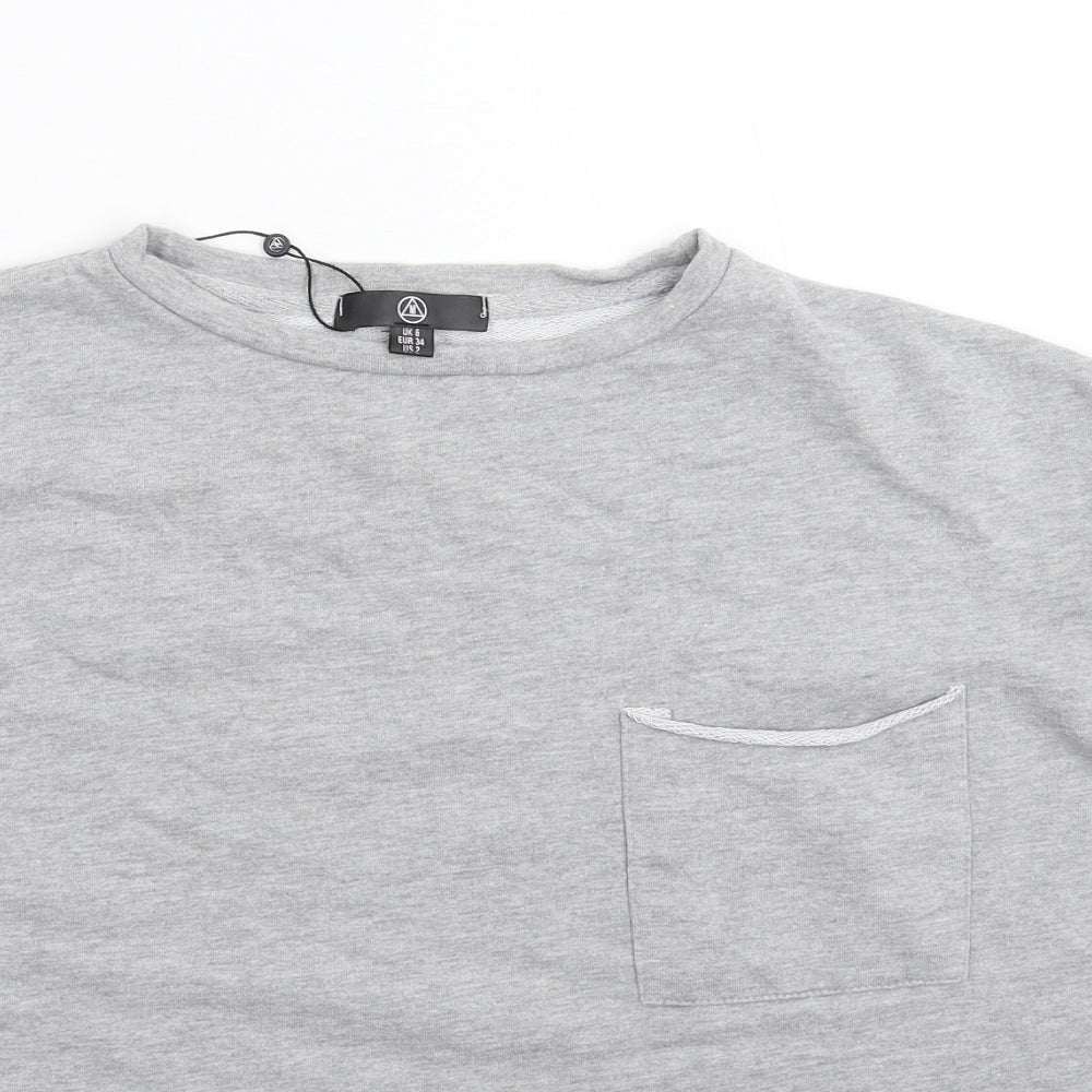 Close-up detail of Missguided women’s grey pullover sweatshirt, size UK 6, - oversized