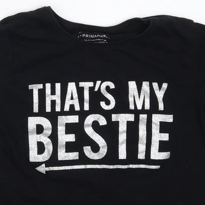 Close-up detail of Primark girls’ black basic t-shirt, size 10-11, years