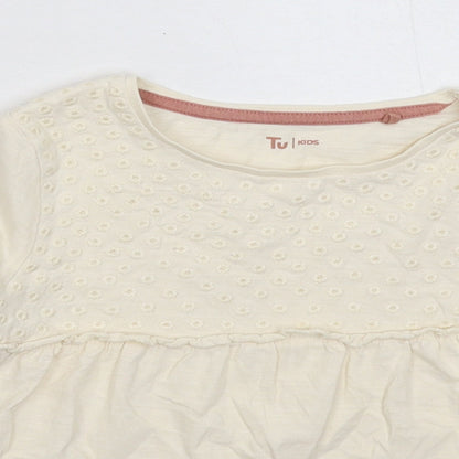 Close-up detail of Tu girls’ beige basic t-shirt, size 6-7, years
