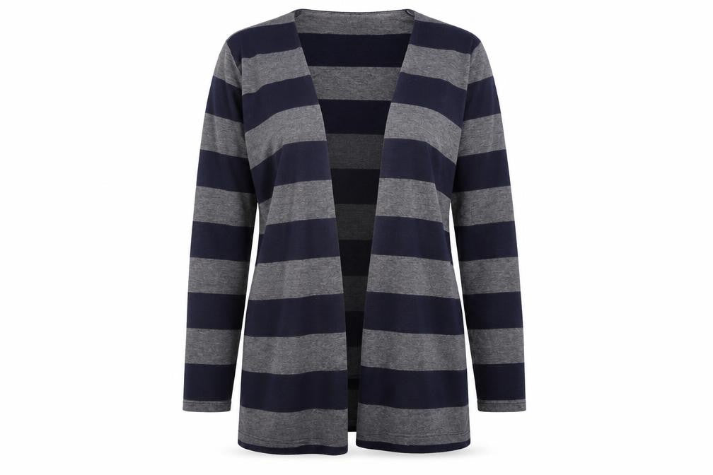 Front view of Soon women’s blue striped cardigan jumper, size UK 12