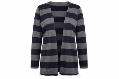 Front view of Soon women’s blue striped cardigan jumper, size UK 12