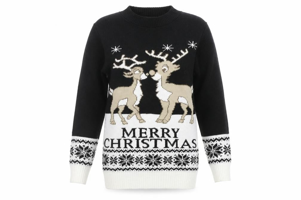 Front view of Boohoo women’s black geometric jumper, size M, - chritmas