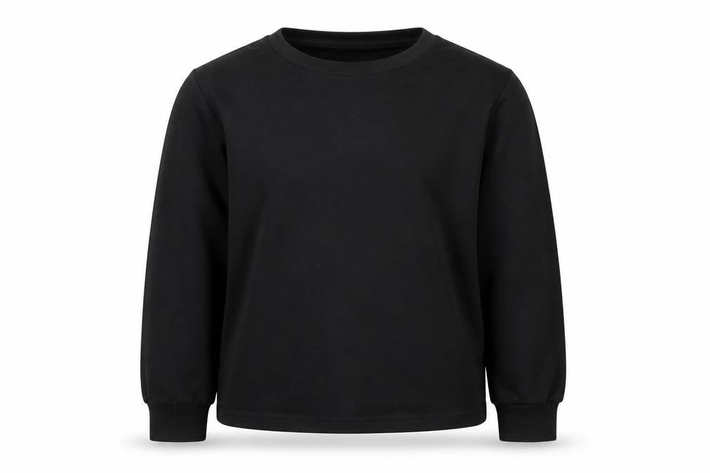 Front view of rowme boys’ black jumper, size M