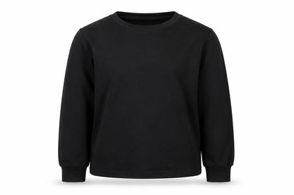 Front view of rowme boys’ black jumper, size M