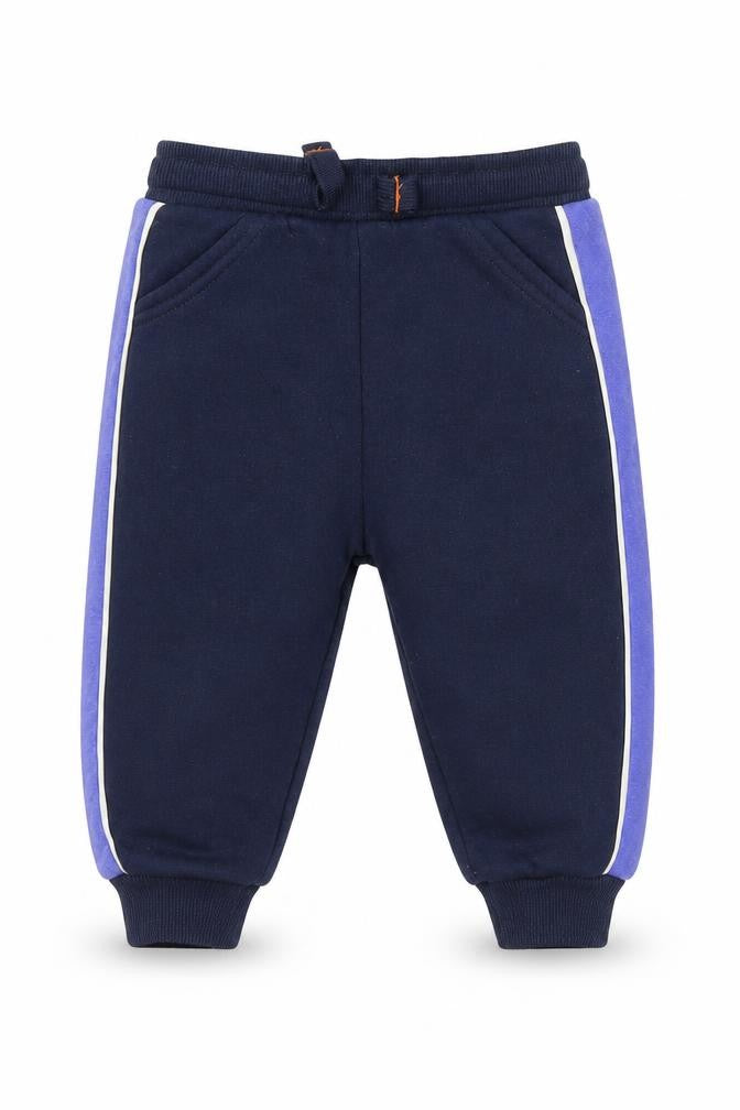 Front view of F&F boys’ blue jersey jogger trousers, size 6-9, months