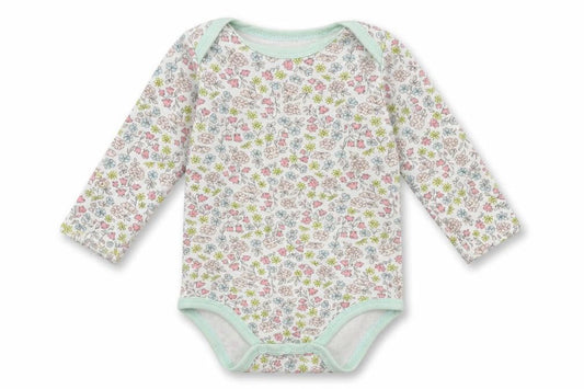 Front view of Preworn girls’ multicoloured floral jersey babygrow one-piece, size 6-9, months