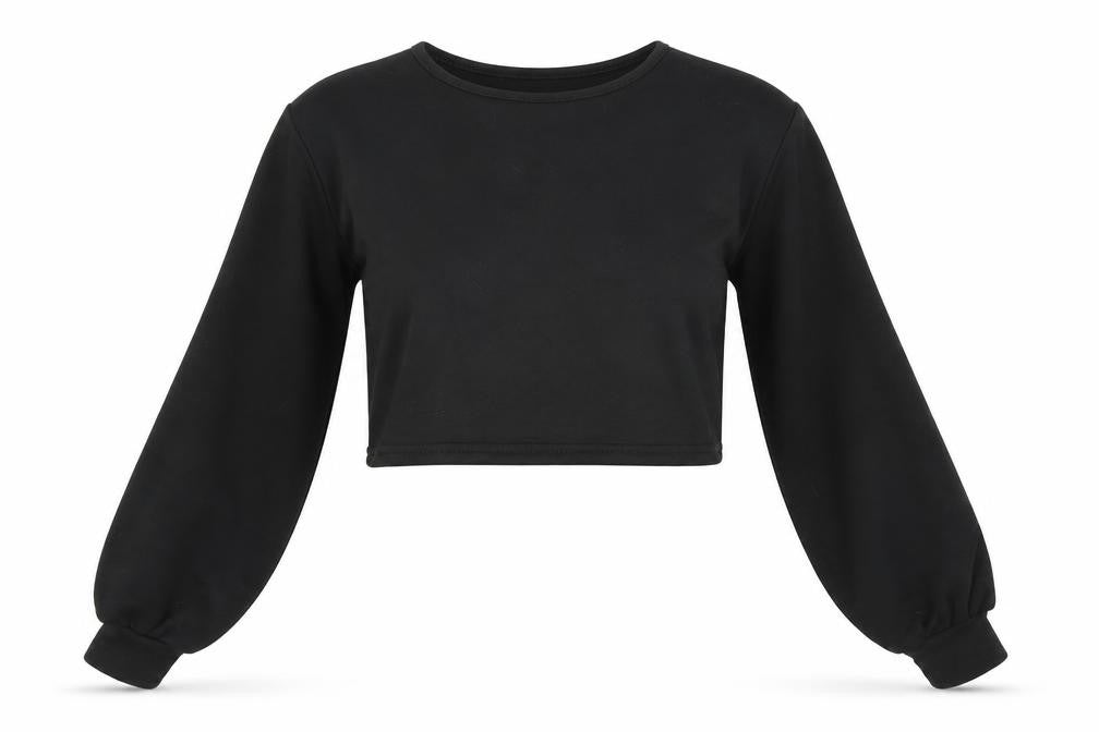 Front view of Boohoo women’s black jersey pullover sweatshirt, size UK 6