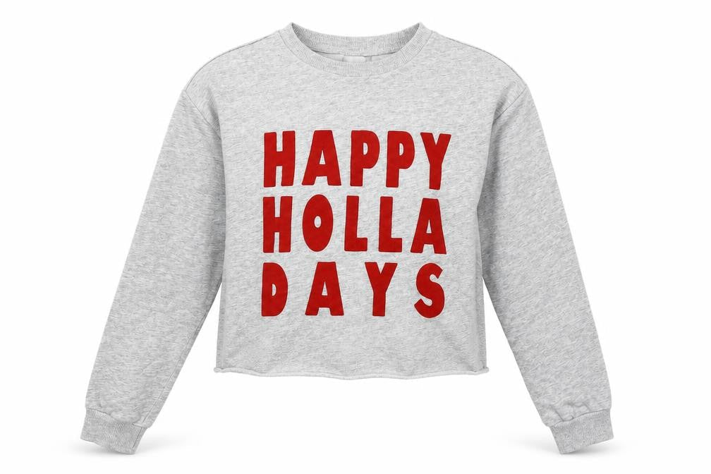 Front view of Divided by H&M women’s grey jersey pullover sweatshirt, size S, - happy holidays