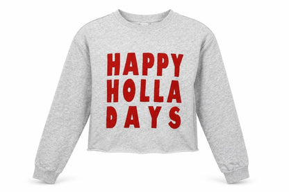 Front view of Divided by H&M women’s grey jersey pullover sweatshirt, size S, - happy holidays