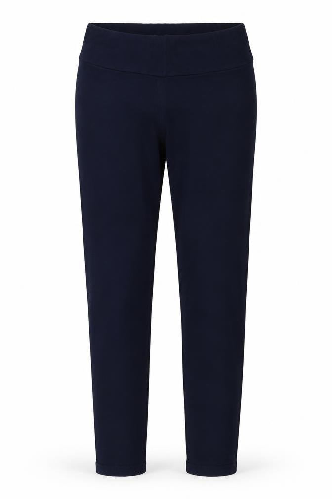 Front view of LOVE LEGGINGS women’s blue jersey trousers, size XS, 23-inch leg