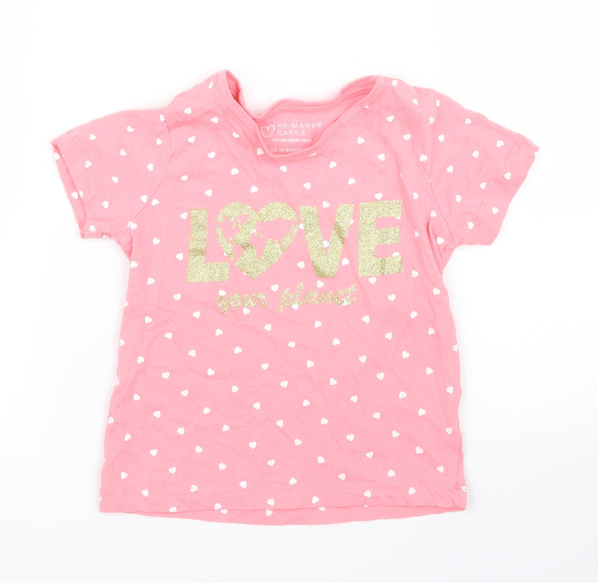 Additional front view of Primark girls’ pink polka dot basic t-shirt, size 3, years