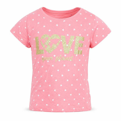 Front view of Primark girls’ pink polka dot basic t-shirt, size 3, years