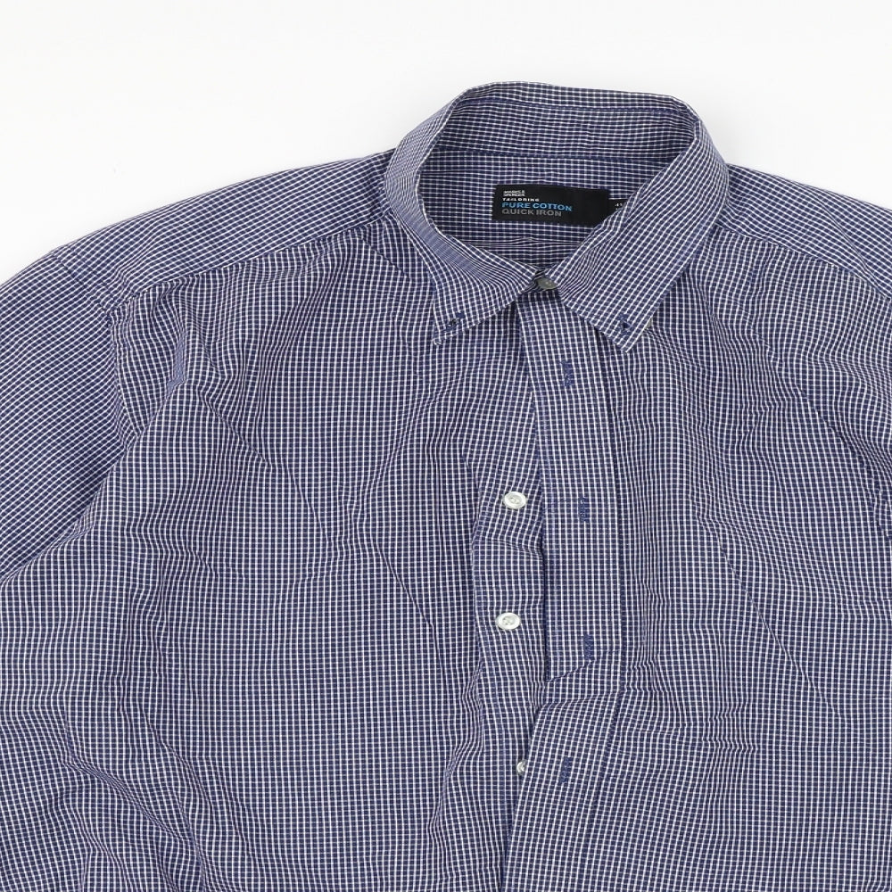 Mens UK Size 16 Marks and Spencer Blue  Button-Up Long Sleeve Casual Shirt