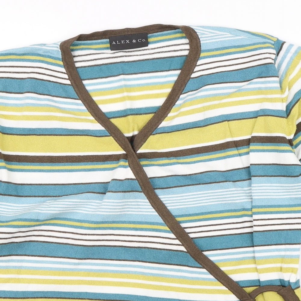 Close-up detail of alex&co women’s multicoloured striped jumper, size UK 12