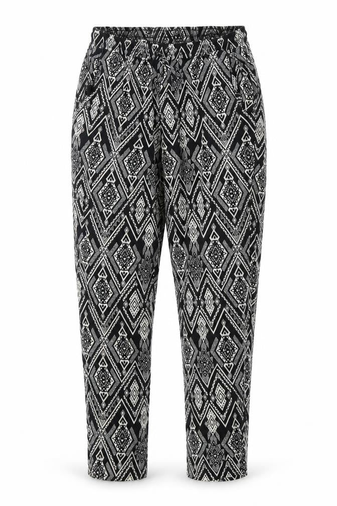 Front view of Only women’s multicoloured geometric trousers, size UK 10, 25-inch leg