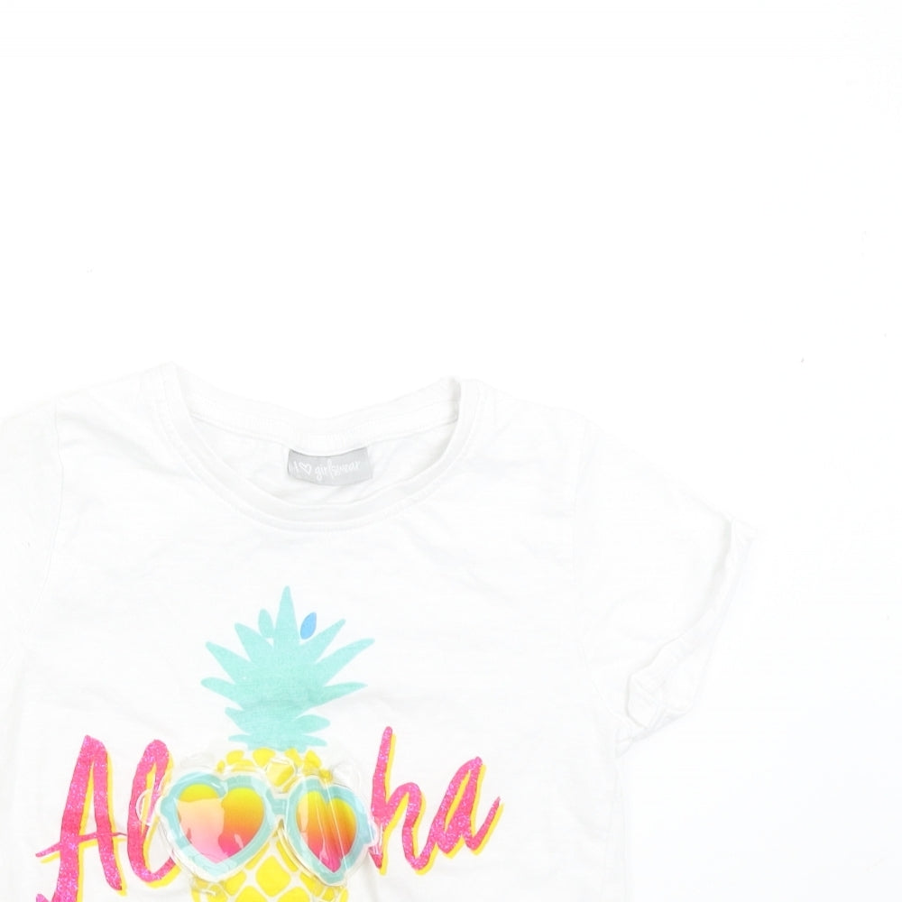 Close-up detail of Matalan girls’ white basic t-shirt, size 6, years