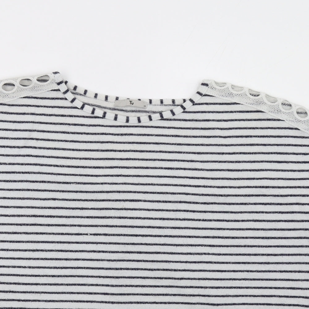 Close-up detail of TU women’s blue striped pullover sweatshirt, size UK 12