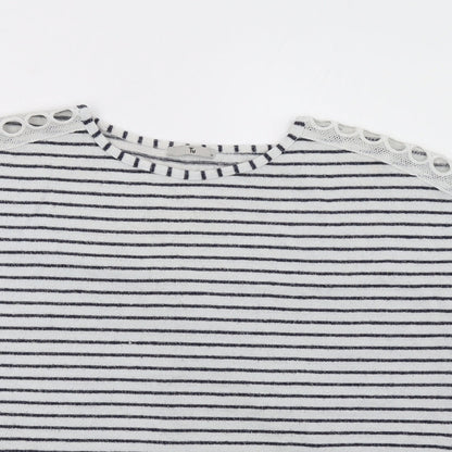 Close-up detail of TU women’s blue striped pullover sweatshirt, size UK 12