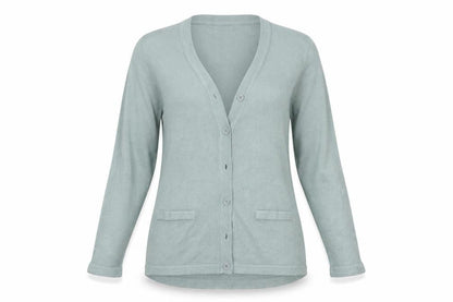 Front view of Damart women’s green cardigan jumper, size UK 12