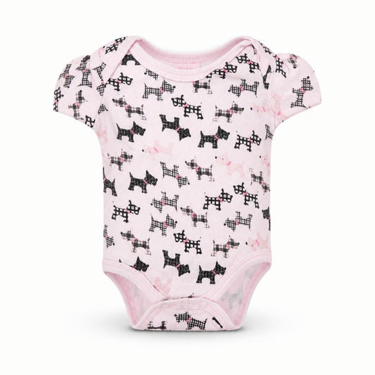 Front view of Bebe Bonito Baby Pink Romper One-Piece, size 3-6, Months - Dog Print