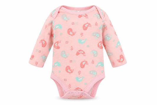 Front view of F&F Baby Pink Camouflage Romper One-Piece, size 0-3, Months - Bird Print