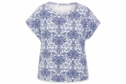 Front view of Miss Milla women’s blue paisley basic blouse, size L