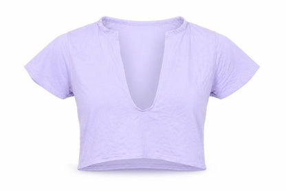 Front view of PRETTYLITTLETHING women’s purple cropped t-shirt, size UK 8