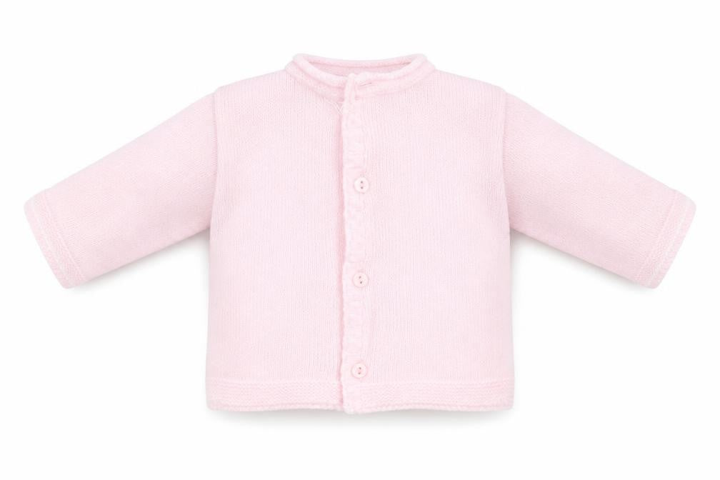 Front view of Dandelion Baby Pink Cardigan Jumper, size 0-3, Months