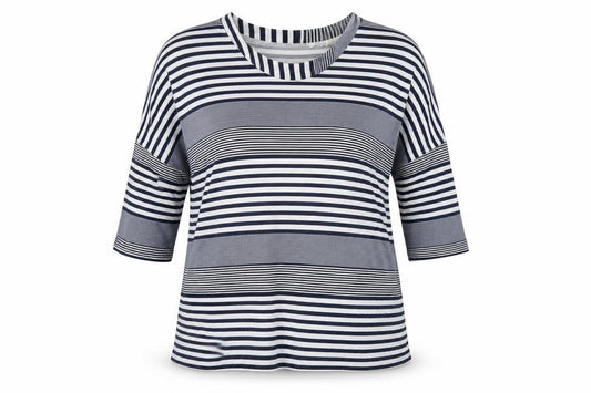 Front view of Adini women’s blue striped basic t-shirt, size M