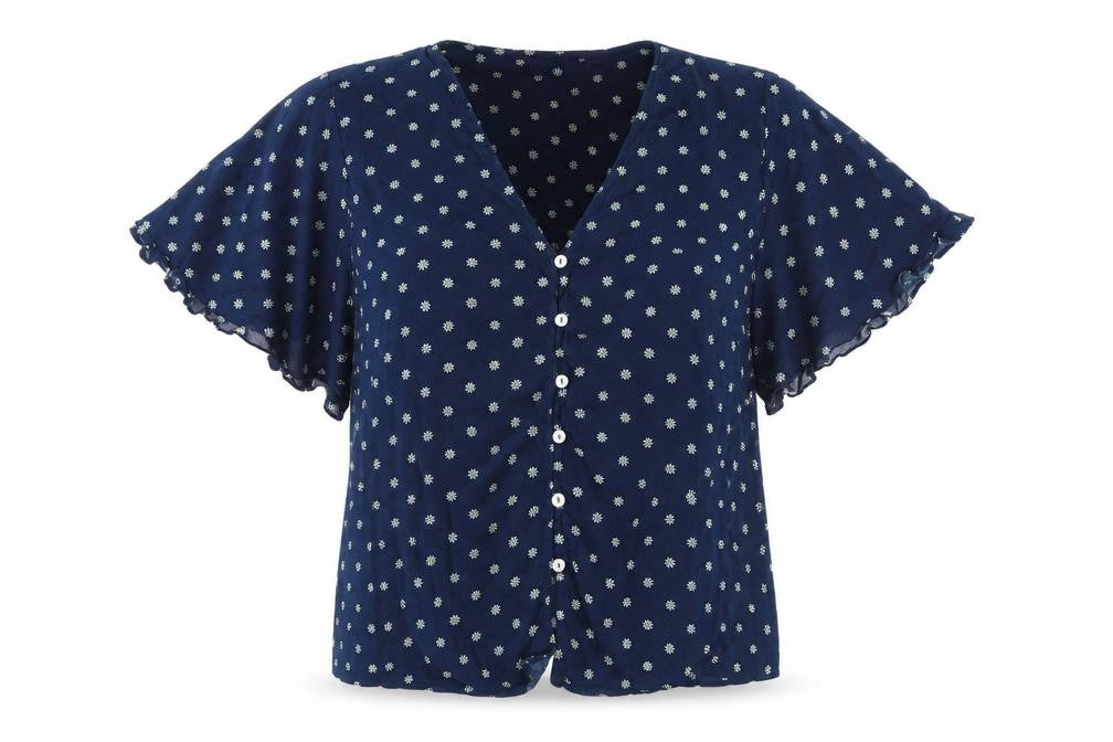 Front view of Matalan women’s blue floral kimono pyjama top, size UK 12