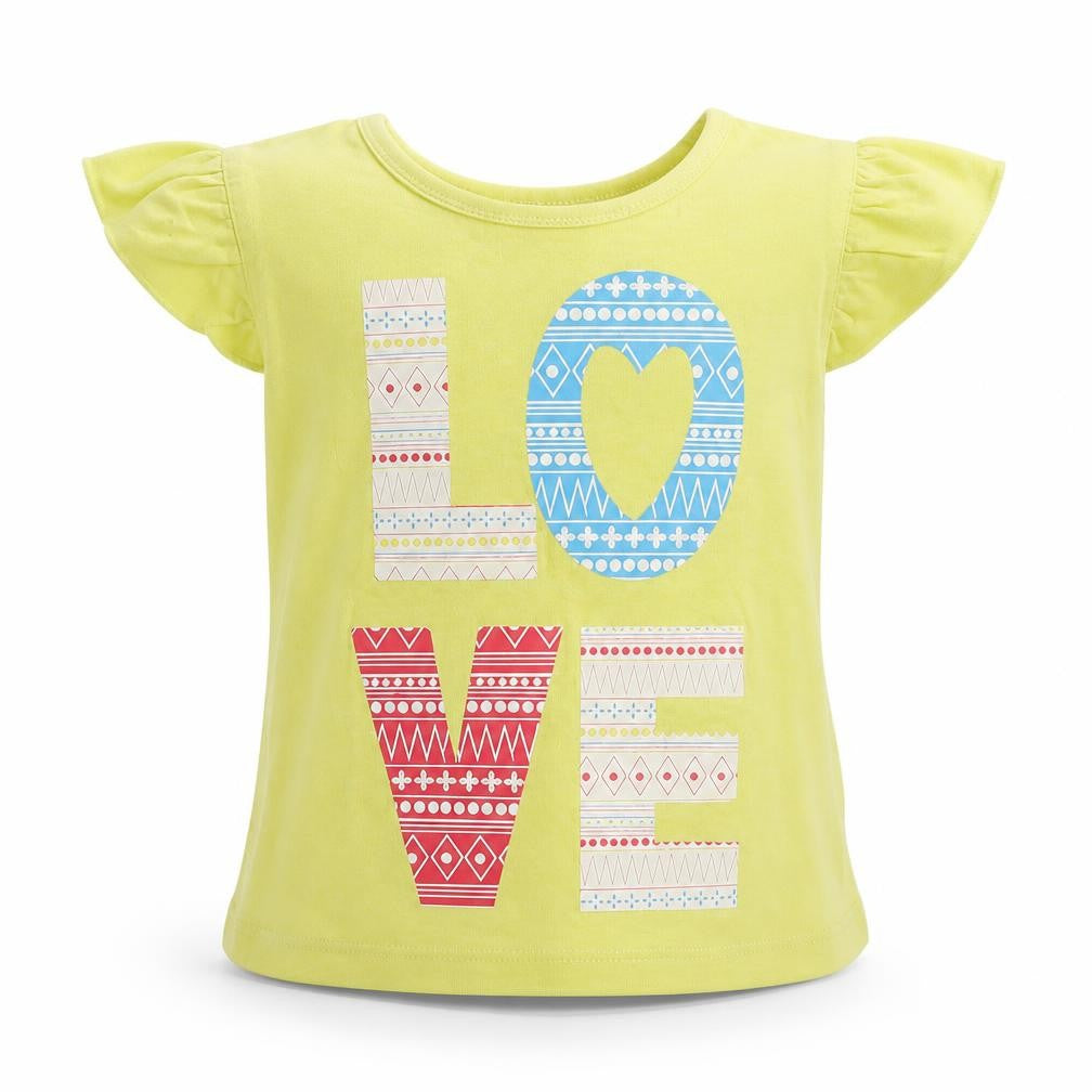 Front view of M&Co girls’ green basic t-shirt, size 18-24, months - love