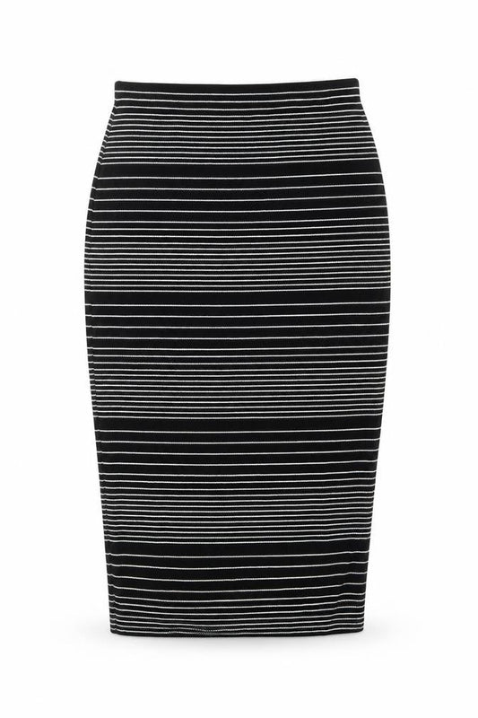 Front view of Max Studio women’s black striped straight & pencil skirt, size S