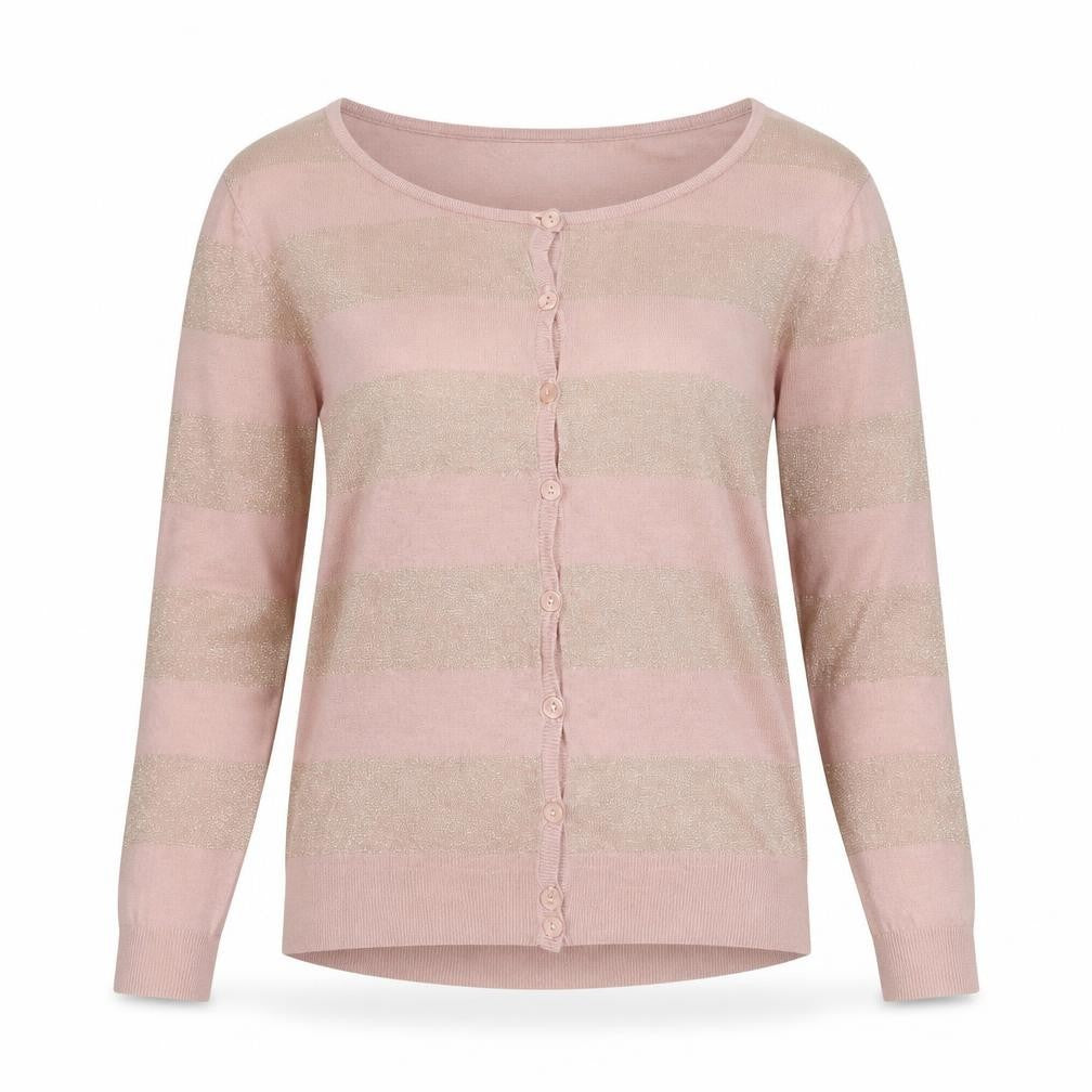 Front view of Plaza Italia women’s pink striped cardigan jumper, size M