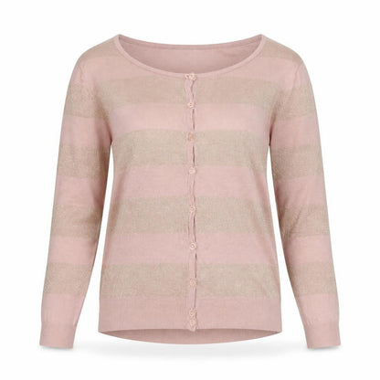 Front view of Plaza Italia women’s pink striped cardigan jumper, size M