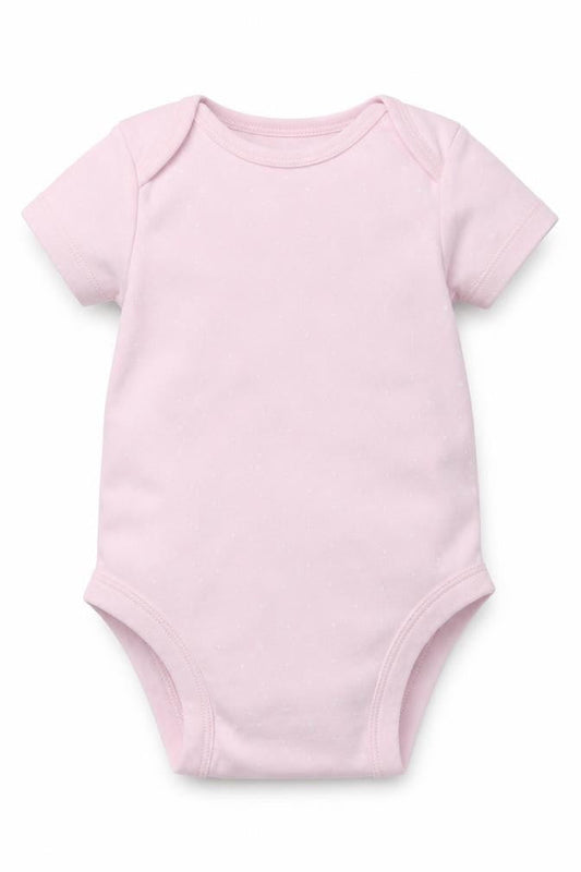 Front view of Pure Baby girls’ pink polka dot babygrow one-piece, size 3-6, months