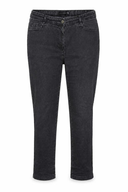 Front view of women’s black denim skinny jeans, size UK 42, in, 27-inch leg