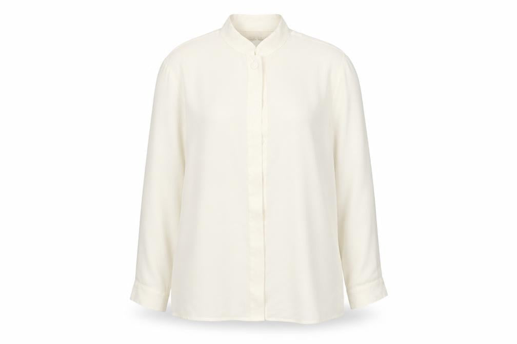 Front view of Laura Gribby women’s white basic button-up, size UK 10