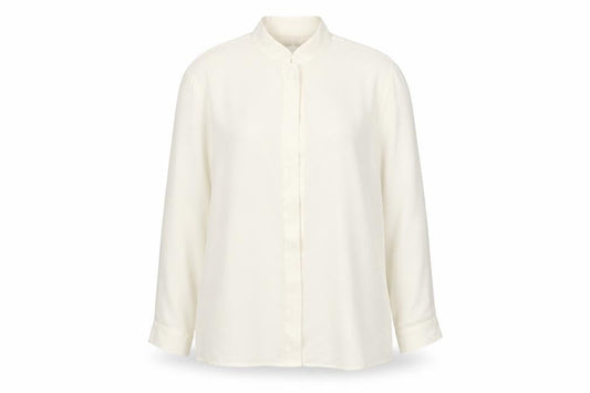 Front view of Laura Gribby women’s white basic button-up, size UK 10