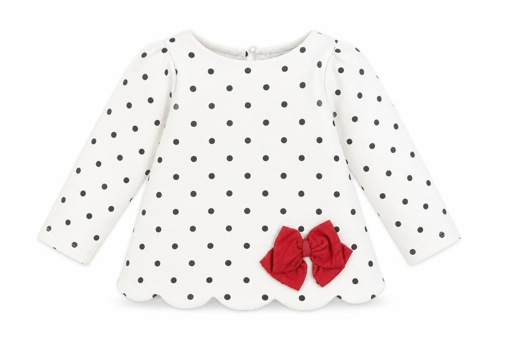 Front view of Maggie & Zoe girls’ black polka dot pullover t-shirt, size 9-12, months