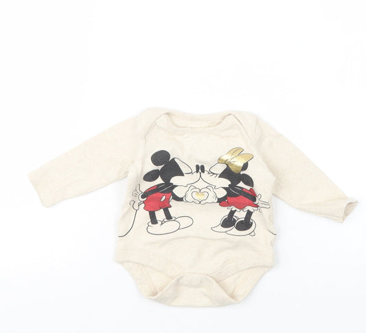 Front view of Disney Baby girls’ beige babygrow one-piece, size 0-3, months - mickey and minnie mouse