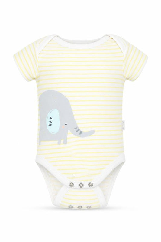 Front view of Watch Me Grow Baby Yellow Striped Babygrow One-Piece, size 0-3, Months
