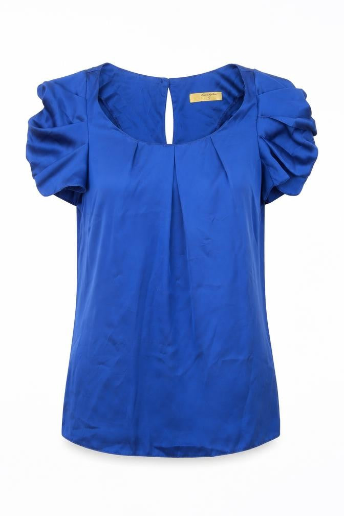 Front view of twentyten women’s blue satin basic blouse, size UK 8