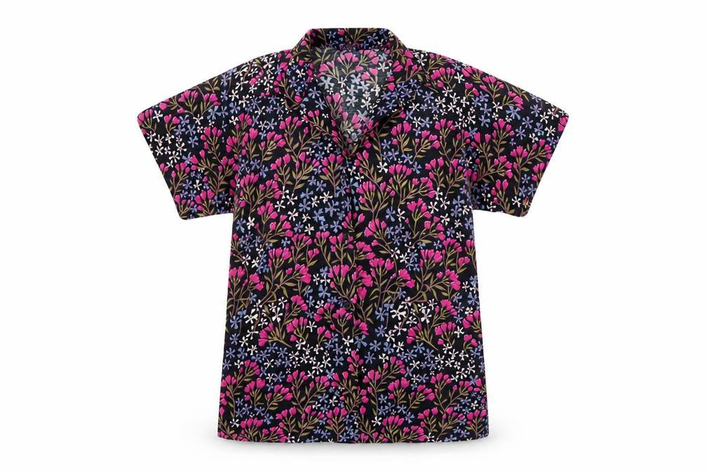 Front view of bambie house women’s multicoloured floral basic button-up, size UK 10
