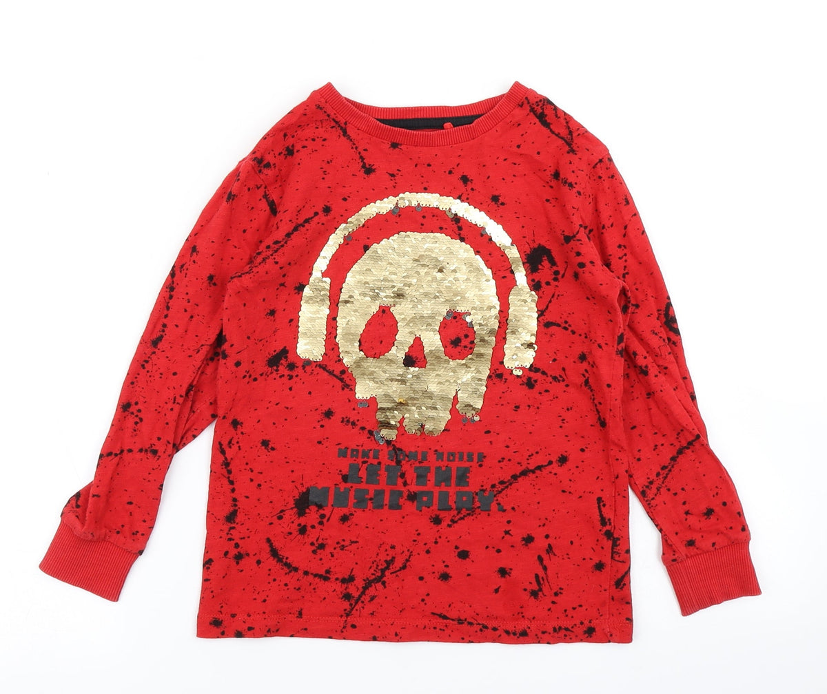 Additional front view of Next boys’ red polka dot basic t-shirt, size 6, years - reversible sequins