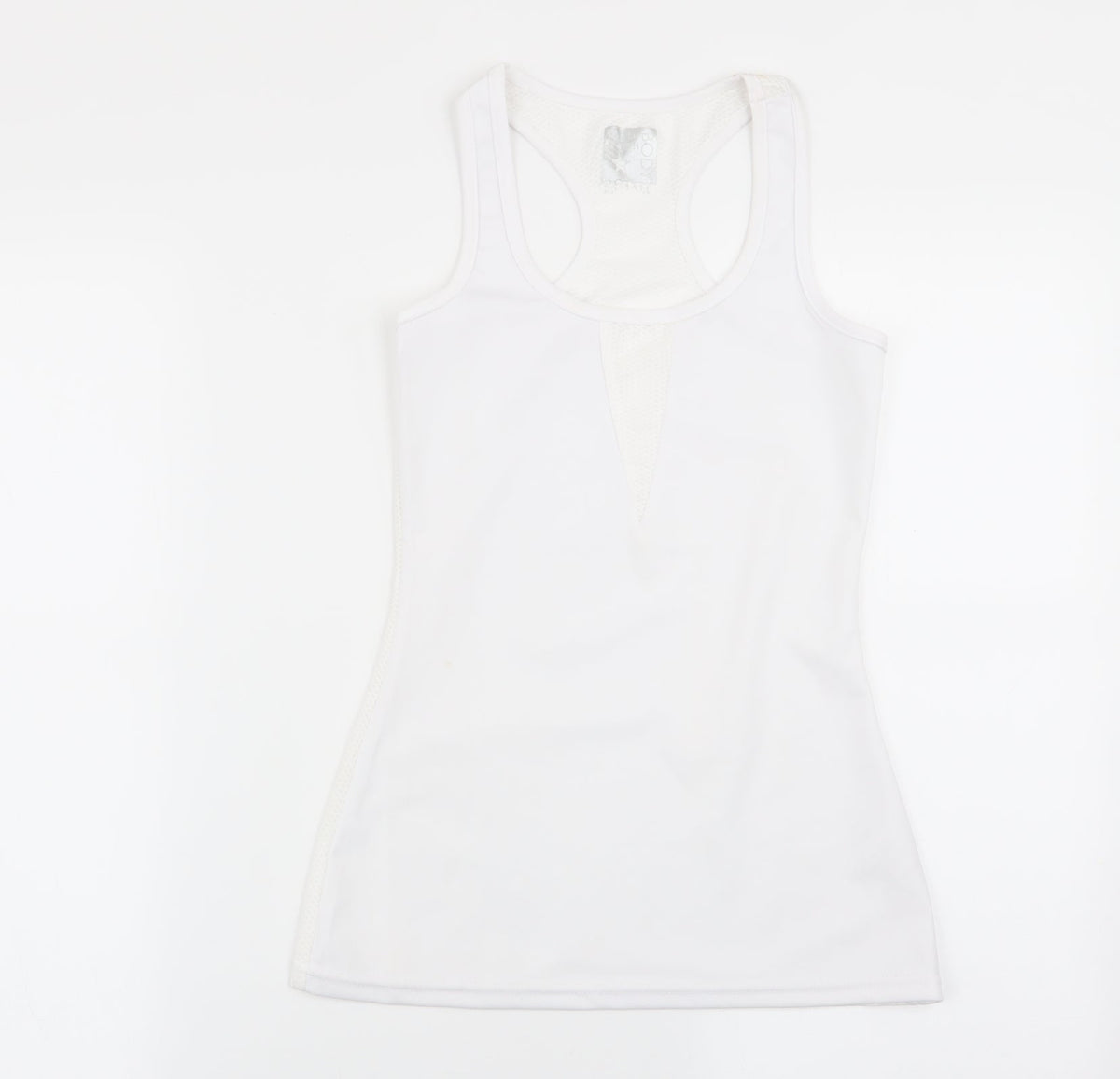 Front view of south beach body women’s white basic tank, size XS