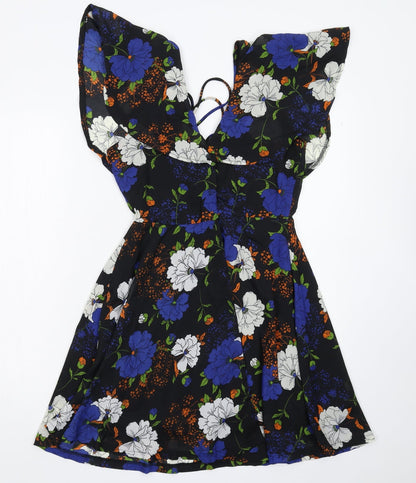 Boohoo Womens Black Floral  Fit & Flare  Size 10