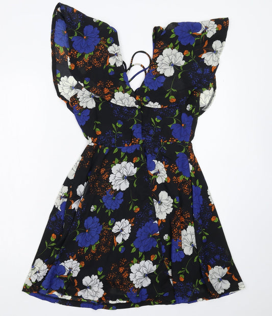 Boohoo Womens Black Floral  Fit & Flare  Size 10