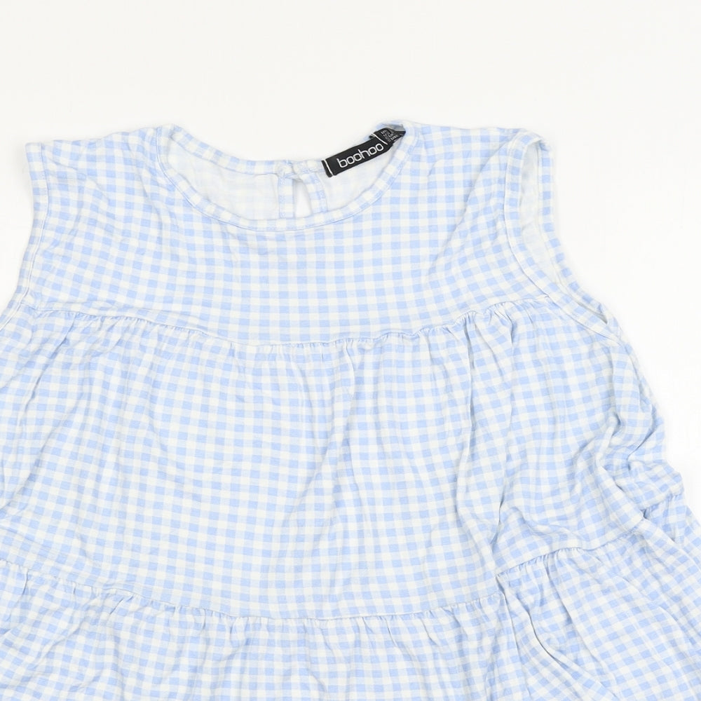 Boohoo Womens Blue Check Jersey Basic Blouse Size 12