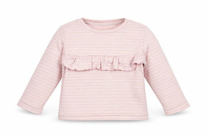 Front view of Matalan girls’ pink striped basic t-shirt, size 12-18, months